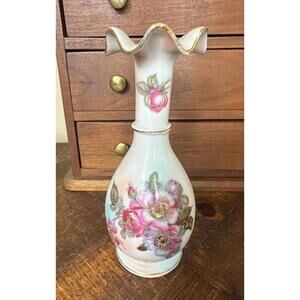 Vintage Floral Porcelain Perfume Bottle Vase, Flowers with gold accents, Ruffle